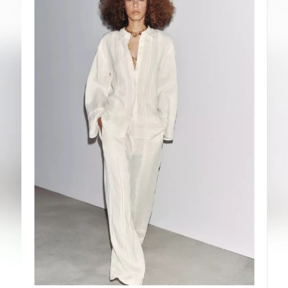 Zara Zw Collection 100% Linen Pants With Crochet Trim Detailing